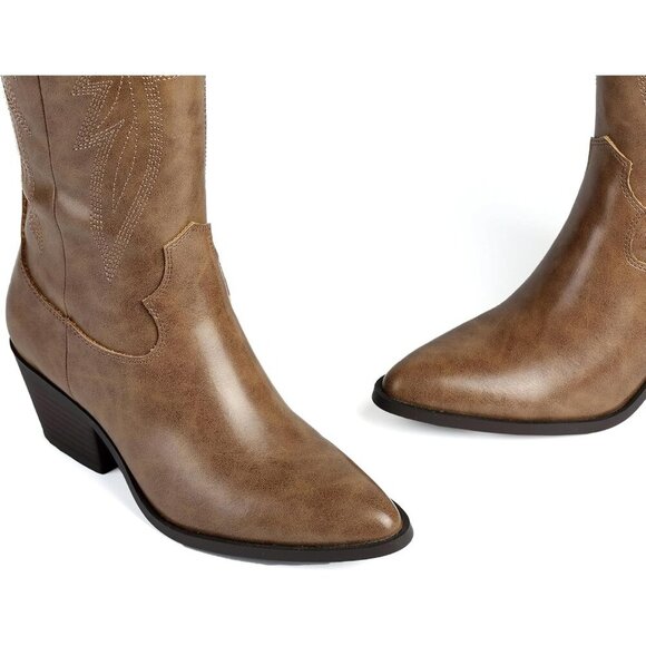 Women's Brown Cowboy Boots Wide Calf Knee High With Zip Classic Chunky Heel - Picture 3 of 6